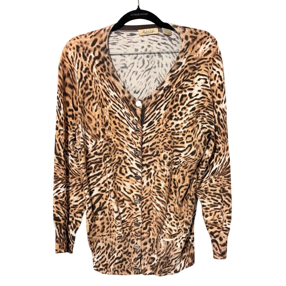 Peck & Peck Weekend Leopard Layer Cardigan L Animal Print V-Neck Mob Wife Indie